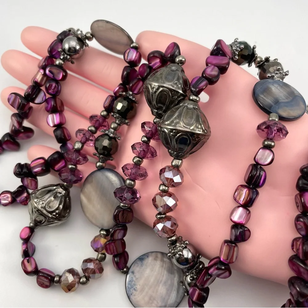 Boho Purple Shell & Crystal Beaded Necklace with Silver Accents 39” 43”Extender